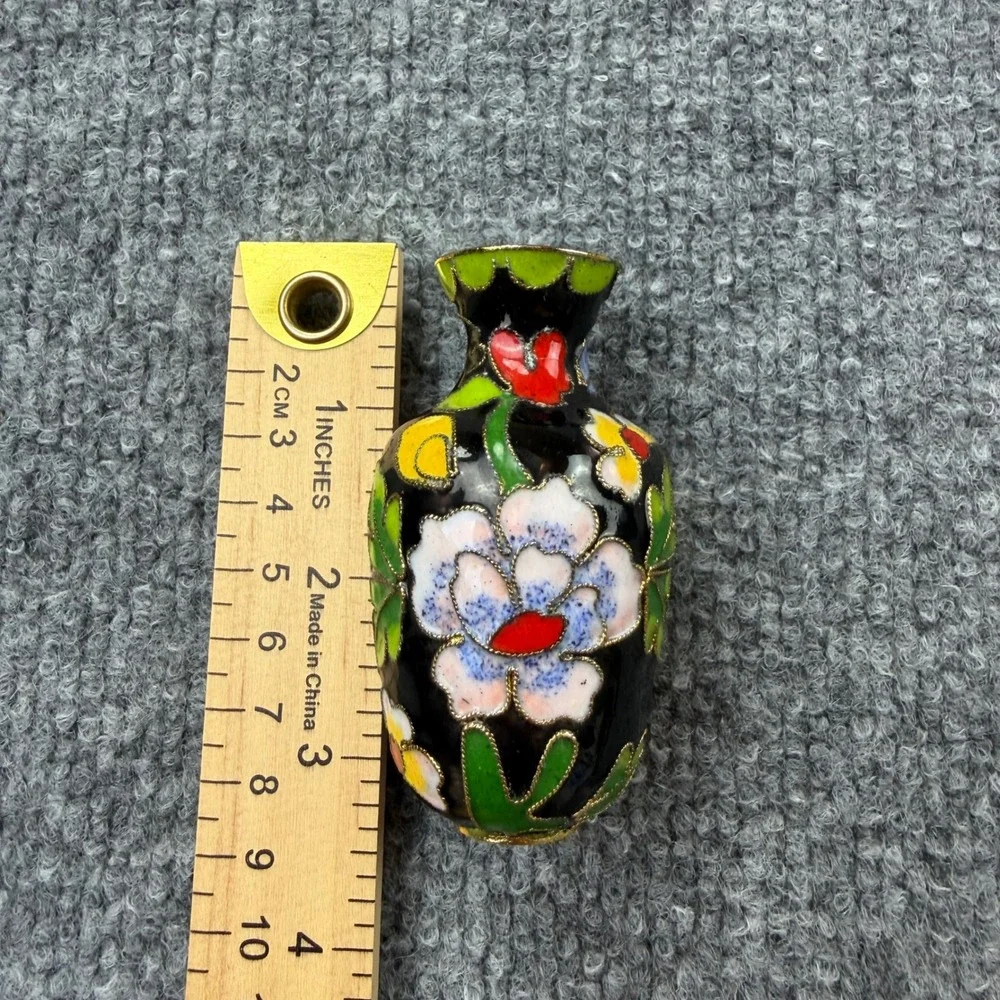 Vintage Miniature Cloisonne Floral Vase Black Enamel Peony Design 3.25 Inch